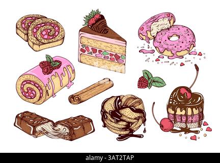 Vintage köstliche Desserts handgezeichnet bunt skizziert Set, isolierte Vektor Kuchen, Donuts, Rolle, Schokolade Leckereien, Obst für Bäckerei Branding, Menü Stock Vektor