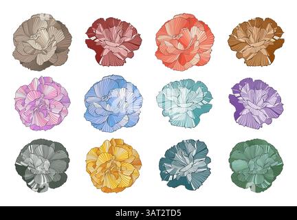 Bunte Mehrfarbige Abstrakte Wellige Blumen Linienzeichnung Pfingstrosen Blumen Verschiedene Farben, Komplizierte Linien-Kunst-Details, Elegantes Florales Modernes Design Stock Vektor