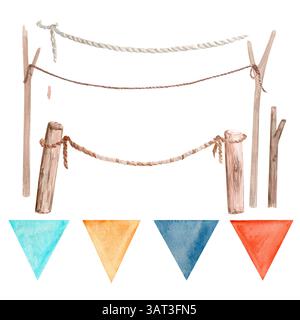 Stangen, Fahnen, Jute-Seil zum Trocknen gestreckt, isoliert auf weiß. Handgemalt in Aquarell. Natürliche, hochwertige Schnur für Karten, Banner Stockfoto