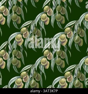 Grüne Oliven Zweige nahtloses Muster. Hand gezeichneter floraler Hintergrund auf Schwarz mit tropischem Sommerbaumteil für Heimtapete, Textil, Verpackungsdesign Stockfoto