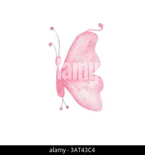 Schmetterling mit offenen Flügeln. Zartes Aquarellinsekt in Pastellfarben. Handgemalt in Aquarell. Isoliert auf weißem Hintergrund. Illustration für Hochzeit, Einladungen, Design, Vorlage, Veranstaltungen Stockfoto