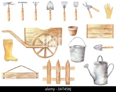 Aquarellset Gartenwerkzeuge, Holz und Metall. Rechen, Schaufel, Schubkarre, Gießkanne, Eimer, Sämling-Box, Zaun, Stiefel und Handschuhe. Isoliert auf weißem Hintergrund Stockfoto
