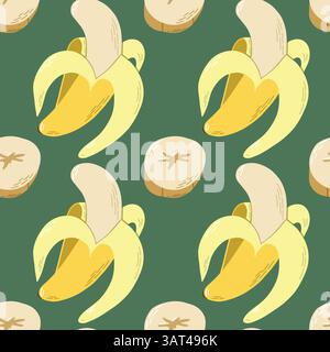 Nahtloses Muster von Cartoon Bananen und Bananenscheiben auf grünem Hintergrund Stock Vektor