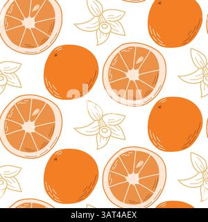 Lebendiges, nahtloses Muster mit saftigen Orangenscheiben und ganzen Orangen, ergänzt durch stilisierte Blätter auf weißem Hintergrund. Ideal zum Thema Obst Stock Vektor