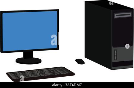 Desktop-Computer-Einrichtung mit Monitor, Tastatur und Maus. CPU und Monitor mit Maus und Tastatur Stock Vektor
