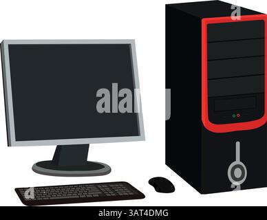 Computer-Setup mit Monitor, Tastatur und Maus. Desktop-Computer-Vektor-Illustration Stock Vektor