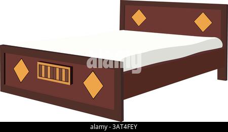 Abbildung eines Bettes mit einem Kissen isoliert auf weißem Hintergrund. Braunes Holzbett mit weißem Bettlaken Stock Vektor