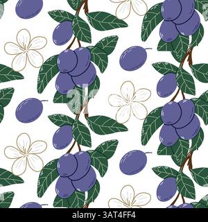 Nahtloses Muster mit violetten Pflaumen, grünen Blättern und weißen Blumen Illustration Stock Vektor