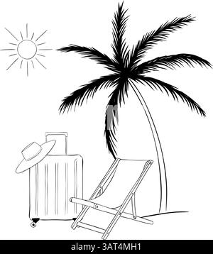 Reisekomposition Strandpalme, Koffer, Sonne, Hut, Stuhl. Abbildung der grafischen Vektorfarbe. Urlaub Relax Icon Banner, Poster, Geschenkpapier Stock Vektor