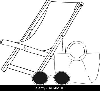 Liegestühle, Sonnenbrille, Taschenkomposition. Abbildung des grafischen Strichtintenvektors. Malerische Sommersaison Vibes-Schild, idyllische Remote Beach-Illustrationen Stock Vektor