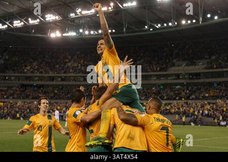 11. Juni 2013 - Etihad Stadium, Victoria, Australien - Tim CAHILL aus Australien feiert das Tor von Lucas NEILL in einem Qualifikationsspiel der vierten Runde zur FIFA-Weltmeisterschaft 2014 zwischen Australien und Jordanien im Etihad Stadium, Melbourne, Australien. (Bild: © Sydney Low/ZUMAPRESS.com) Stockfoto