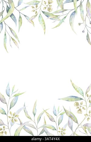 Eukalyptus-Blumengestell in Aquarellfarben. Filigrane botanische Vorlage mit blühenden Zweigen in gedämpften Tönen. Perfekt für Einladungen und Grußkarten Stockfoto