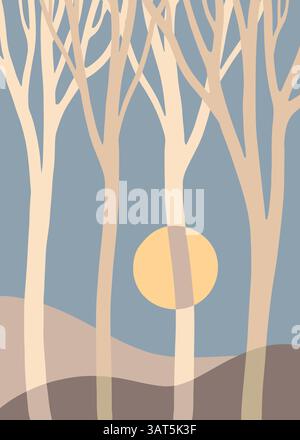 Minimalistische Waldillustration mit abstrakten Baumformen in neutralen Tönen. Moderne und ruhige Atmosphäre, perfekt für stilvolle Einrichtung. Stock Vektor