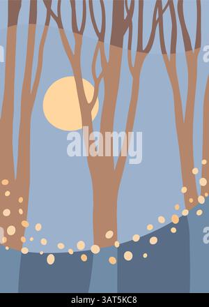 Minimalistische Waldillustration mit abstrakten Baumformen in neutralen Tönen. Moderne und ruhige Atmosphäre, perfekt für stilvolle Einrichtung. Stock Vektor