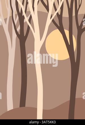 Minimalistische Waldillustration mit abstrakten Baumformen in neutralen Tönen. Moderne und ruhige Atmosphäre, perfekt für stilvolle Einrichtung. Stock Vektor