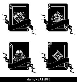 Pokerkarte umgeben von einem Band, Pokersymbole mit Herz, Diamant, Schläger und Ass mit verschiedenen Schädeldesigns Stock Vektor