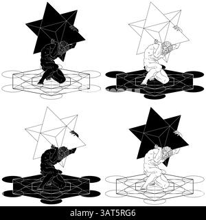 Titan Atlas mit Merkaba-Symbol auf seinen Schultern und mit Metatron, titan der griechischen Mythologie mit heiliger Geometrie Stock Vektor