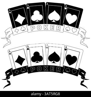 Pokerkarten, umgeben von einem Band, Pokersymbole von Herz, Diamant, Verein und Ass Stock Vektor