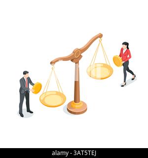 Isometrischer Vektor Geschäftsmann und -Frau mit Münzen in der Nähe von Skalen, in Farbe auf weißem Hintergrund, Vergleich oder Konkurrenz Stock Vektor