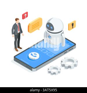 Isometrischer Vektor-Mann im Business-Anzug in der Nähe von Smartphone und Bot, in Farbe auf weißem Hintergrund, Chat-Bot oder Online-Assistent Stock Vektor