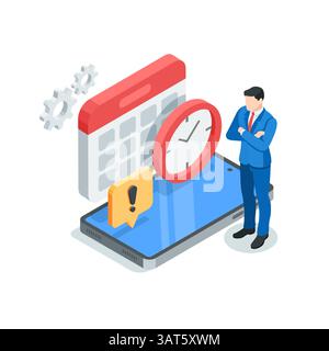 Geschäftsmann mit isometrischem Vektor, der in der Nähe von Smartphone und Kalendersymbol mit Uhr steht, in Farbe auf weißem Hintergrund, Geschäftsplan oder Zeitmanagement Stock Vektor