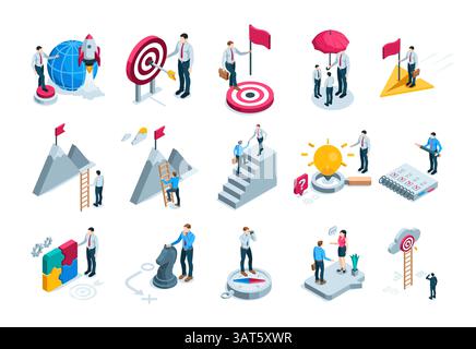 Isometrischer Vektorsatz von Geschäftsleuten und -Objekten, in Farbe auf weißem Hintergrund, Geschäftskonzepte Stock Vektor