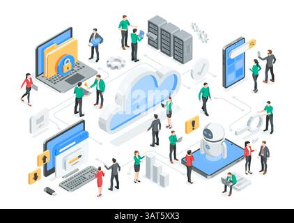 Isometrische Vektoren, die mit Daten in der Nähe von Cloud, Computern und Smartphones arbeiten, in Farbe auf weißem Hintergrund, Cloud-Datenspeicherung oder Servertechnologie Stock Vektor