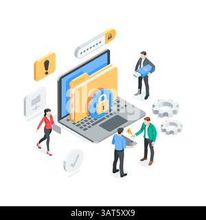 Geschäftsleute mit isometrischem Vektor in der Nähe eines Laptops mit Ordner und Schloss, in Farbe auf weißem Hintergrund, Datenschutz oder digitalem Schlüssel Stock Vektor