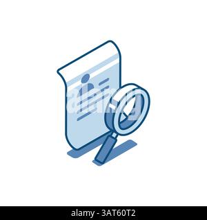 Isometrisches Vektorblatt aus Papier und lineares Lupensymbol, in Farbe auf weißem Hintergrund, persönliches Bewerbungsformular oder Suche nach Kandidaten Stock Vektor
