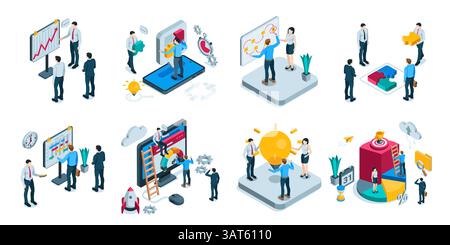 Isometrische Vektoren Geschäftsleute, die in einer Gruppe von Bildern arbeiten, in Farbe auf weißem Hintergrund, Teamarbeit oder Geschäftserfolg Stock Vektor