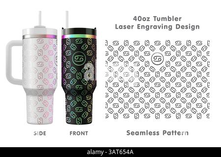 Lasergravur für Krebs-Tierkreiszeichen für 40-oz-Becher. Nahtlos von Kante zu Kante. Volle Becherfolie. Vektorabbildung. Stock Vektor