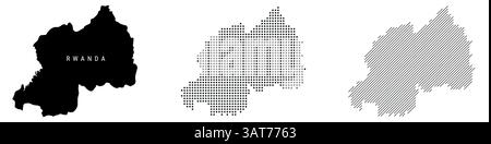 Ruanda detaillierte Silhouettenkarte, gepunktete Muster und schräge parallele Linien. Ruandische strukturierte Karte. Vektorillustration isoliert auf weiß Stock Vektor