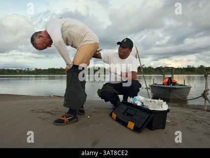 17. Oktober 2012 - Peru - das Expeditionsmitglied jeff Wueste des Amazonas Express beugt sich, damit der peruanische Sanitäter Juan Ramos bei einem Camp-Stopp am Ucayali-Fluss in Peru eine Wunde an seinem Hinterteil erleiden kann. Die peruanische Marine und Küstenwache bot den Expeditionsschiffen Escort Boote durch bestimmte Gebiete des Ucayali Flusses an...Amazon Express Expedition in Peru am 17. Oktober 2012. ..Foto von Erich Schlegel (Foto: © Erich Schlegel/ZUMAPRESS.com) Stockfoto
