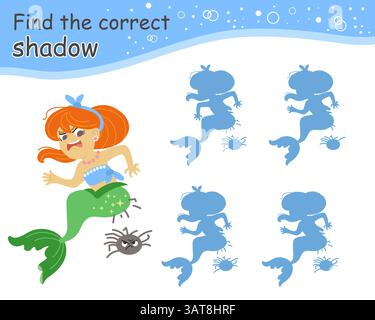 Finde den richtigen Schatten, süße Meerjungfrau. Pädagogisches Match-Spiel für Kinder. Suchen Sie die richtige Silhouette. Aktivität, Logikspiel, druckbares Arbeitsblatt Stock Vektor