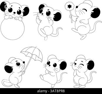 Set aus niedlichen Zeichentrickfiguren in verschiedenen Posen und Aktivitäten, gestaltet als Schwarzweiß-Umrisse für Malbücher für Kinder Stock Vektor