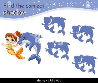 Finde den richtigen Schatten, süße Meerjungfrau. Pädagogisches Match-Spiel für Kinder. Suchen Sie die richtige Silhouette. Aktivität, Logikspiel, druckbares Arbeitsblatt Stock Vektor