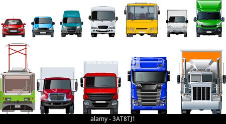 Vektortransport, Vorderansicht. Isolierte realistische Fahrzeuge auf weißem Hintergrund. Erhältlich EPS-10 getrennt durch Gruppen und Ebenen mit Transparenz ef Stock Vektor