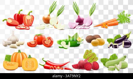 Gemüseset. Gesundes Lebensmittelkonzept. Sammlung von Gemüse Paprika, Karotten, Zwiebeln, Knoblauch, Tomaten, Gurke, Kartoffeln, Auberginen, Kürbis, Chi Stock Vektor