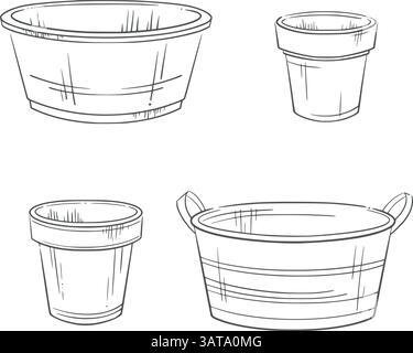Blumentöpfe und Aluminiumbecken. Gartenbau Vektorlinie Clipart. Perfekt für Hausdekoration, Inneneinrichtung, Landhausthemen, Pflanzen und Botanik Stock Vektor