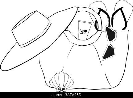 Tasche mit Strandaccessoires, Flip-Flops, Sonnenbrille, LSF Creme, Hut, Muschel. Vektor-Grafik-Linie Tinte Komposition für Urlaub Poster, Beach Party Invi Stock Vektor