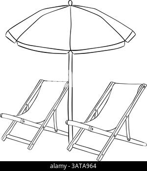 Sonnenschirm mit zwei Sonnenliegen, grafische Farbkomposition isoliert auf weißem Hintergrund. Sonnenschirm und Liegestühle, für Paket, Urlaub d Stock Vektor