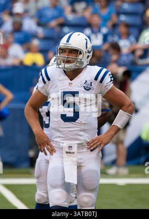 11. August 2013: Indianapolis, IN, Vereinigte Staaten von Amerika - 11. August 2013: Indianapolis Colts Quarterback Chandler Harnish (5) während des Spiels zwischen den Buffalo Bills und den Indianapolis Colts im Lucas Oil Stadium in Indianapolis. Die Buffalo Bills besiegten die Indianapolis Colts 44-20. (Bild: © Aaron Doster/Cal Sport Media/Cal Sport Media/ZUMAPRESS.com) Stockfoto