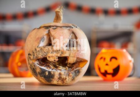 Großaufnahme verrotteter Halloween Jack o Laterne bedeckt mit Schimmel, die zu Hause auf einem Tisch platziert wurde Stockfoto