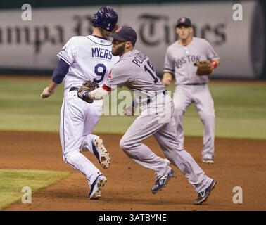 10. September 2013 – St. Petersburg, FL, USA – der zweite Baseman Dustin Pedroia der Boston Red Sox feiert die Tampa Bay Rays' Wil Myers (9) in einem Doppelspiel, um das sechste Inning im Tropicana Field in St. Petersburg, Florida, am Dienstag, den 10. September 2013 zu beenden. Boston gewann mit 2:0. (Bild: © James Borchuck/MCT/ZUMAPRESS.com) Stockfoto