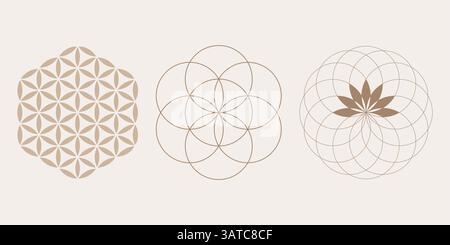 Yantra Mandala Same des Lebens, Blume des Lebens, mystischer Lotus, Set Heilige Geometrie, Symbole der Harmonie und des Gleichgewichts. Retro-Stil, Vektor isoliert Stock Vektor