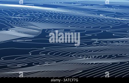 Abstrakte weiße Linien auf blauem Hintergrund, die eine topografische Karte oder ein fließendes Datenvisuell darstellen. 3D-Rendering-Abbildung Stockfoto
