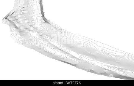 Eine detaillierte topografische Strichdarstellung, die Höhen und Konturen zeigt, ideal für Kartographie oder geologische Studien. Das Modell des Flusses Meeresboden repräsentiert Stockfoto