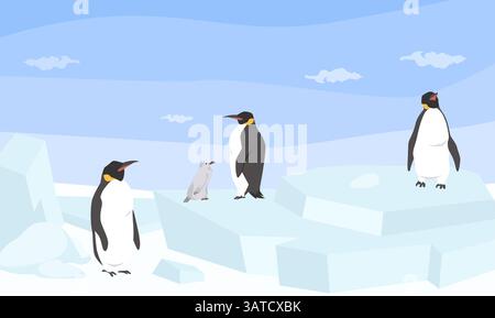 Vier Pinguine stehen auf Eisschollen in einer verschneiten Landschaft. Die Sonne scheint hell und wirft Schatten. Ein kleinerer Pinguin ist eingebettet unter den größeren Stock Vektor