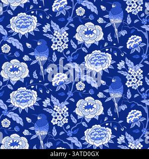 Nahtloses Muster mit einfarbigen blauen Chinoiserie, handgezeichneten Blumen und Vogelsilhouetten. Florale Tapete mit chinesischen Zweigen Stock Vektor