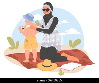 Eine Mutter kniet auf einer Decke und trägt ihr Kind in einer sonnigen Umgebung Sonnencreme auf. Beide genießen das warme Wetter, umgeben von einem Stock Vektor